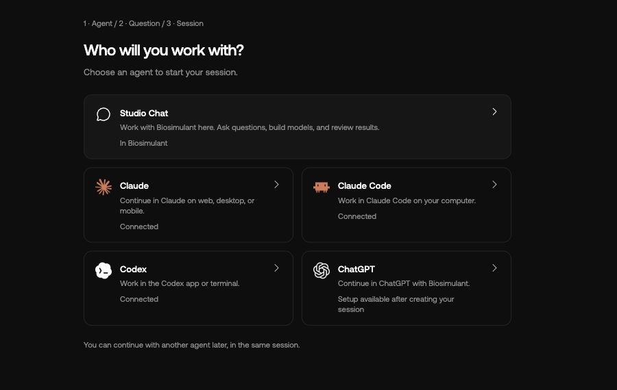 Studio’s agent chooser, with Claude, Claude Code, Codex, and ChatGPT options.