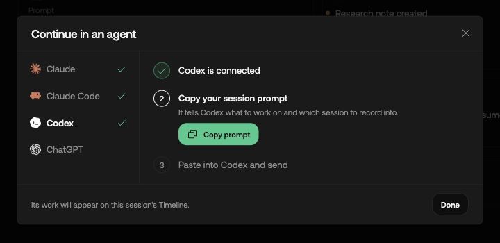 The continuation panel identifies the connected assistant and provides the session prompt to copy.