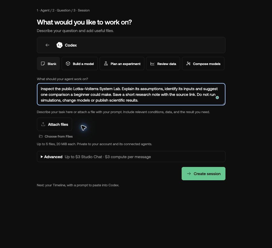 Enter a focused research question before creating the session.
