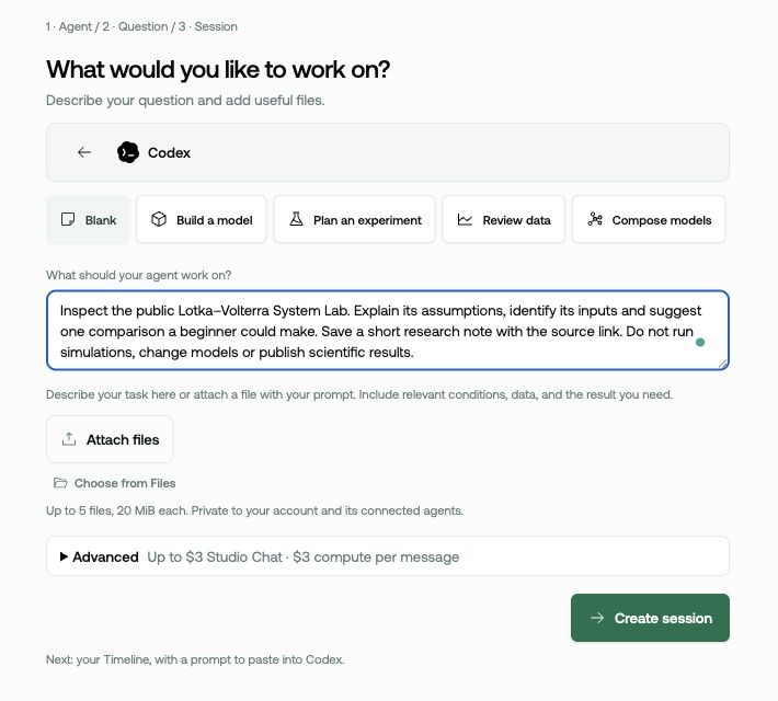 Enter a focused research question before creating the session.