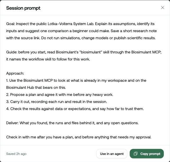 The Session prompt dialog, showing the saved question and Use in an agent and Copy prompt buttons.