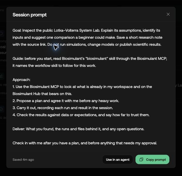 The Session prompt dialog, showing the saved question and Use in an agent and Copy prompt buttons.