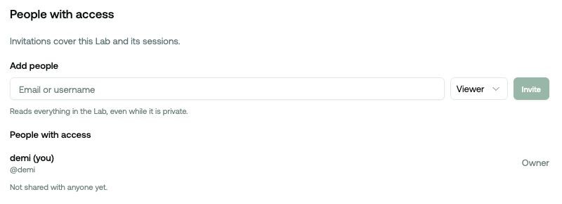 People with access in Lab Settings: enter an email or username, choose a role, and select Invite.