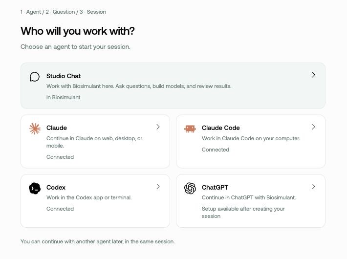 Studio’s agent chooser, with Claude, Claude Code, Codex, and ChatGPT options.