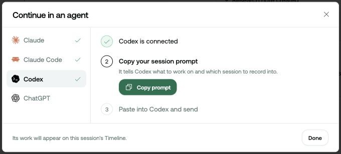 The continuation panel identifies the connected assistant and provides the session prompt to copy.